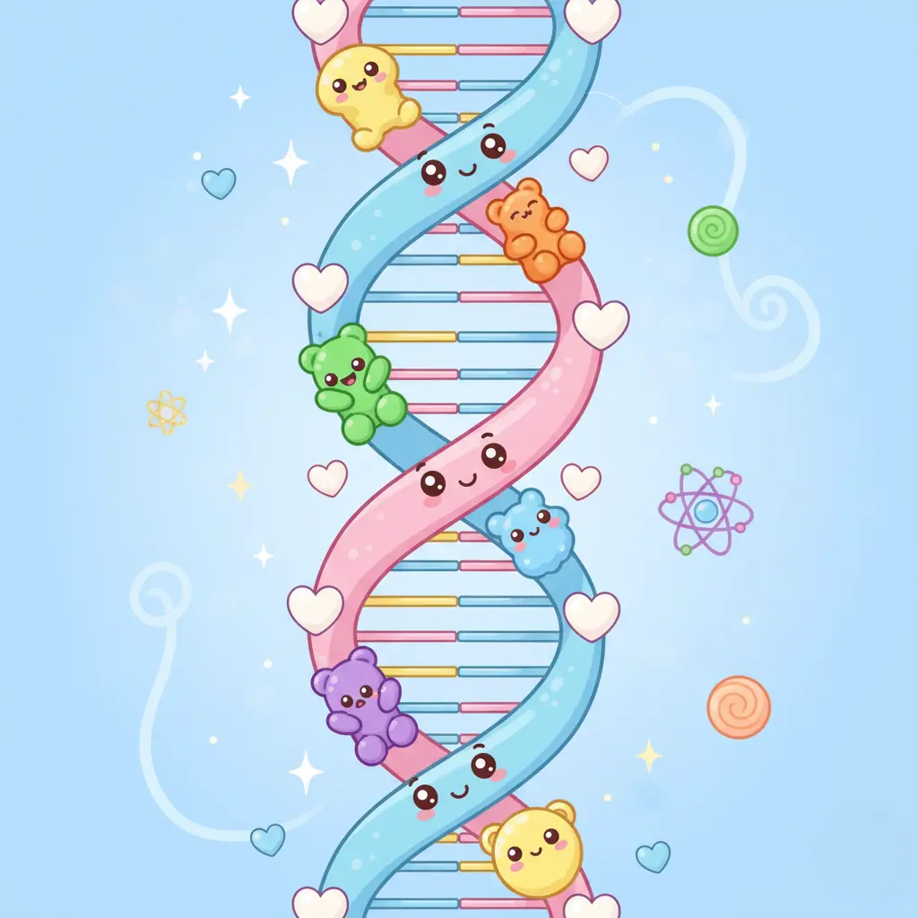 A colorful cartoon DNA double helix featuring cute gummy bear characters, hearts, and science icons, symbolizing the fun and curiosity of learning basic genetics and biology in 6th grade.