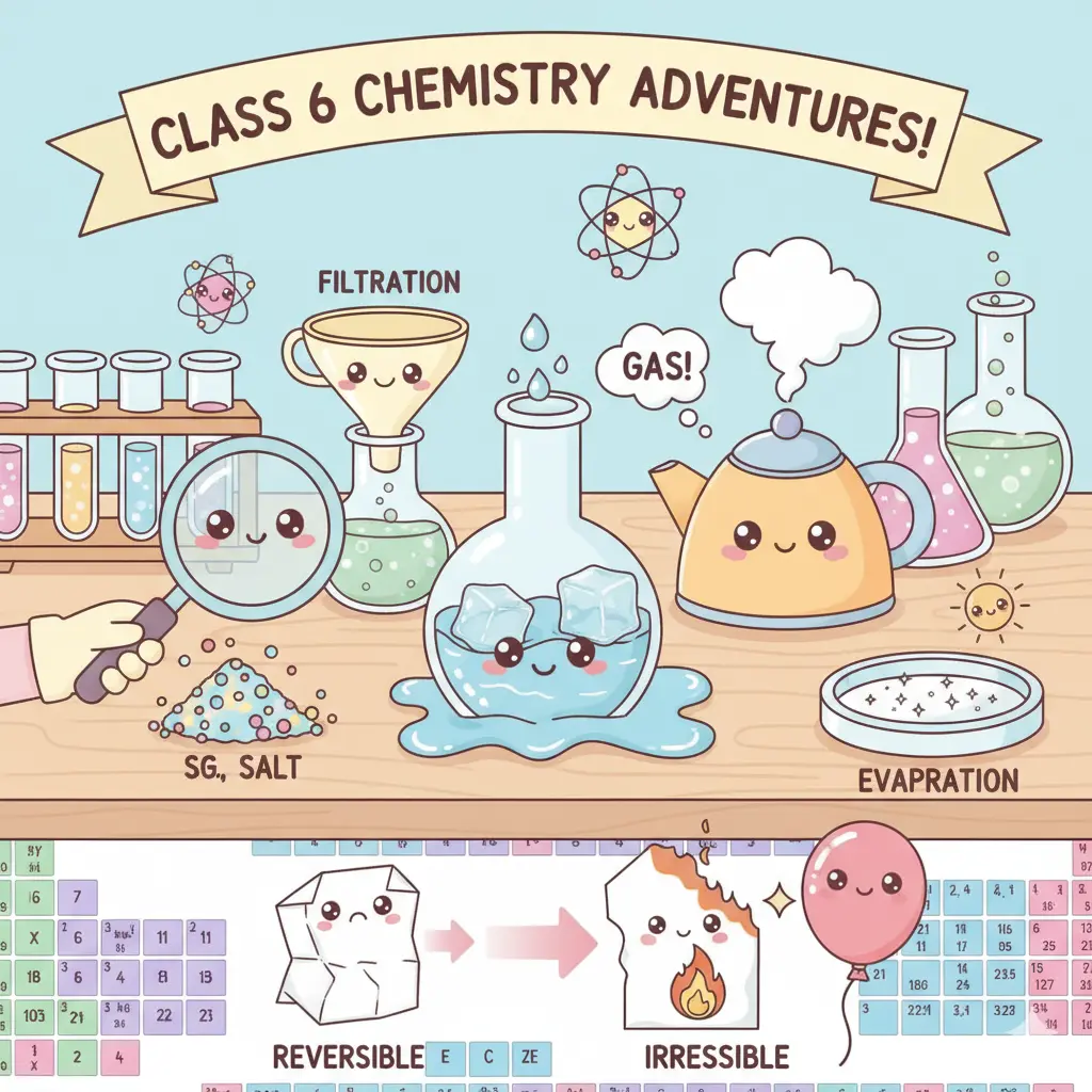 Class 6 Chemistry illustration for online tuition page, featuring colorful experiments like filtration, evaporation, and reversible changes.