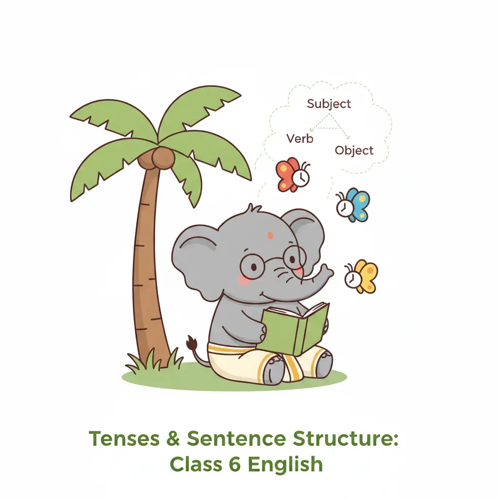 Cute cartoon of an elephant reading under a tree, surrounded by butterflies showing subject-verb-object structure — Class 6 English tenses and sentence formation concept.