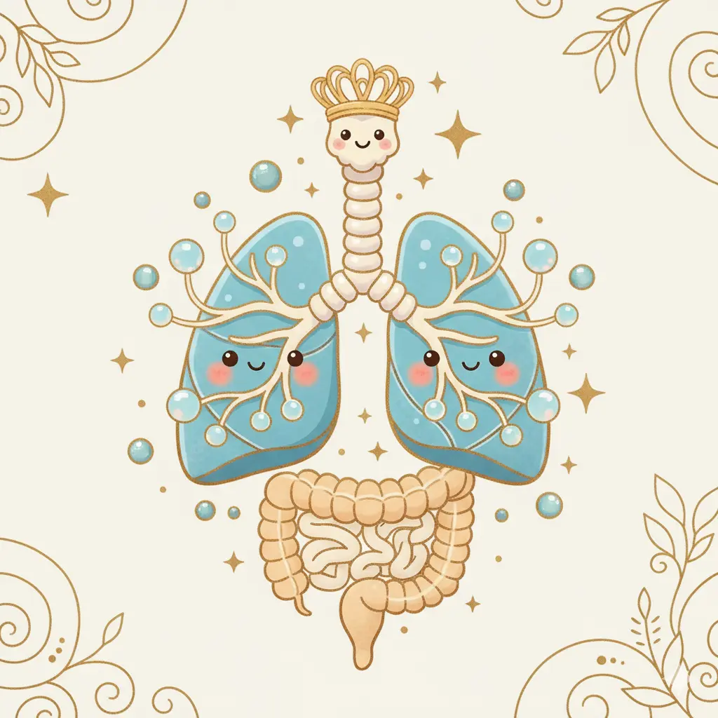 Cartoon illustration of human lungs, trachea, and digestive system with a crown, symbolizing the study of major body organs and their functions in 7th-grade biology.