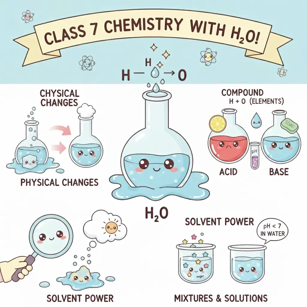 Cartoon infographic for Class 7 Chemistry showing a smiling H₂O molecule explaining physical changes, acids and bases (pH), solvent power, and mixtures and solutions.
