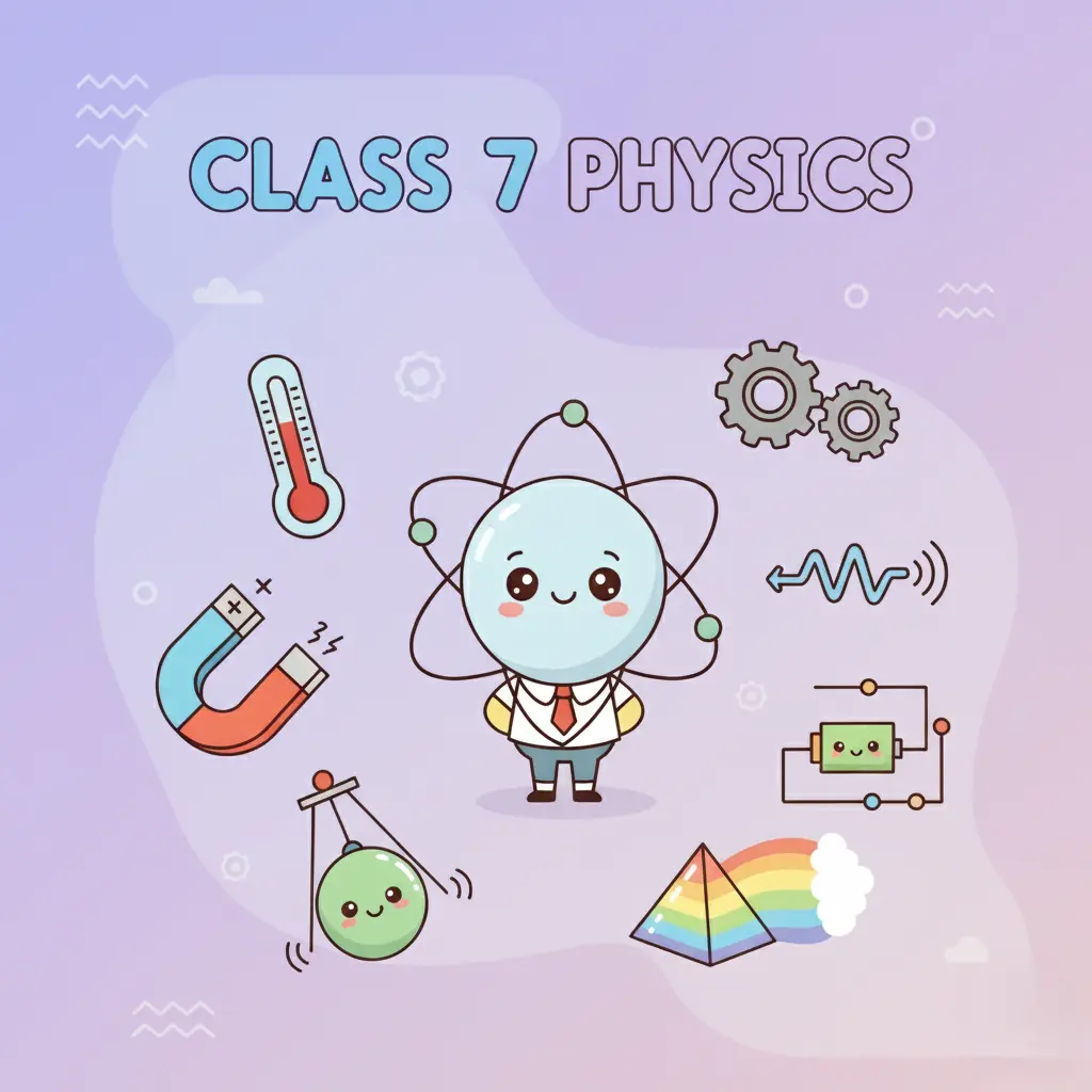 Engaging illustration showing core Class 7 Physics concepts – Magnetism, Heat, Light, Electricity, and Motion, ideal for online study materials