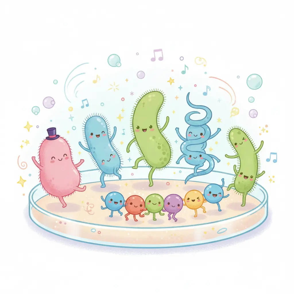 Colorful cartoon illustration of bacteria and microorganisms in a petri dish, representing key biological concepts and microbial studies for 8th-grade students.