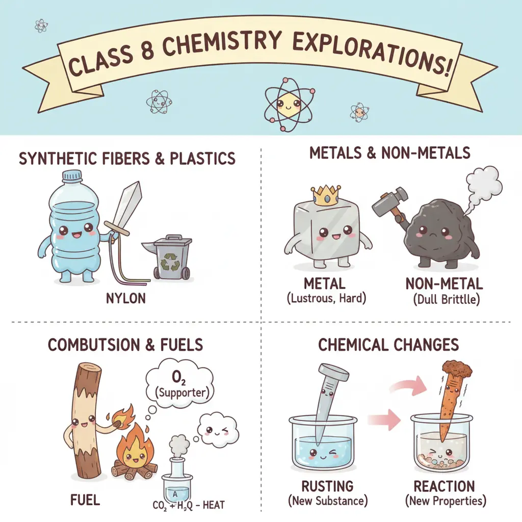 Class 8 Chemistry infographic for students, illustrating synthetic fibers, plastics, metals, non-metals, combustion, fuels, and chemical changes like rusting with cute cartoons.