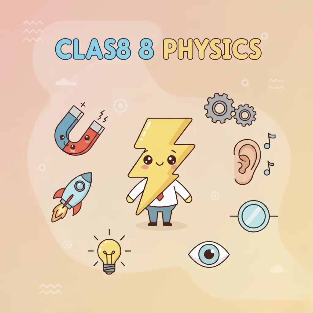 Engaging illustration representing Class 8 Physics concepts – Electricity, Magnetism, Light, Sound, and Force, ideal for online learning and study materials