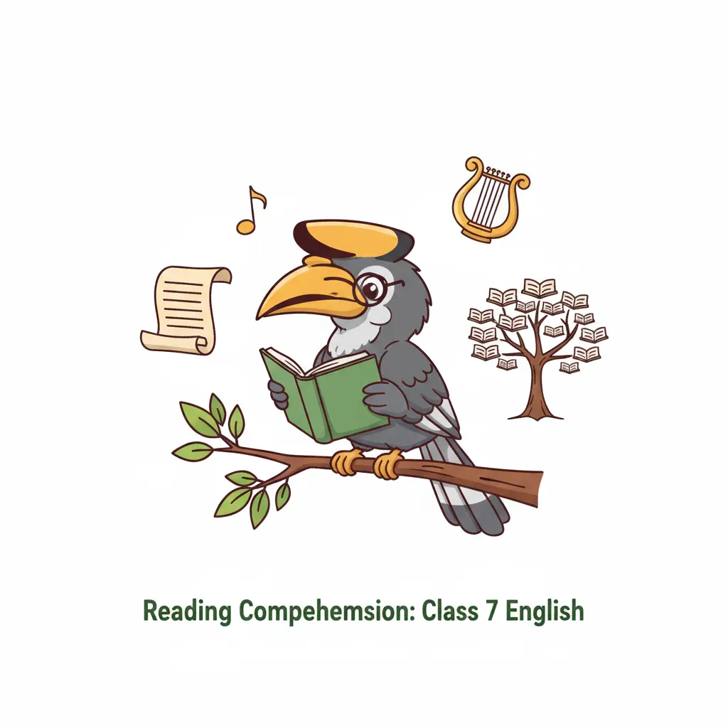 Cartoon showing a clever bird reading a book for a Class 7 English reading skills and comprehension lesson.